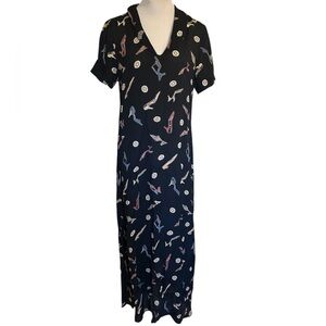 Vintage 90’e Laureate Novelty Shoe Heels Print Maxi Dress Side Slits Medium.